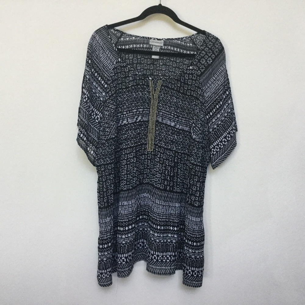 Catherine's Black, White Split Sleeve Sheer Tunic with Beading Size 3X Spring
